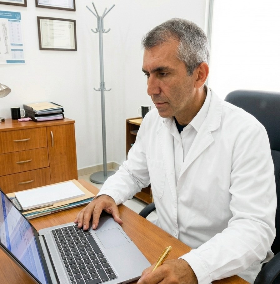 El Dr. De Caso en su consultorio, escribiendo una nota junto a su computadora
