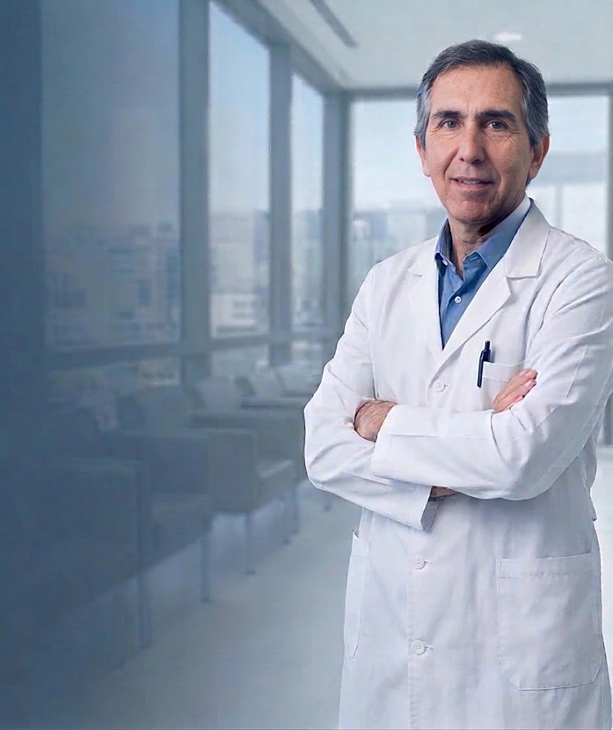 Dr. Pablo De Caso con guardapolvo blanco, de brazos cruzados, sonriendo en una sala de espera luminosa